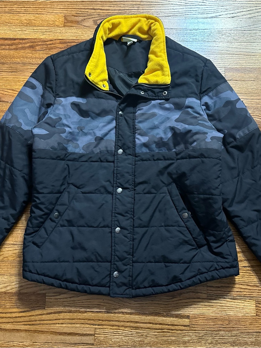 adidas Kids Black Camo Puffer Jacket with Yellow Collar